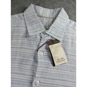 NEWTasso Elba Island Mens Large Blue White Striped 100% Linen Short Sleeve Shirt